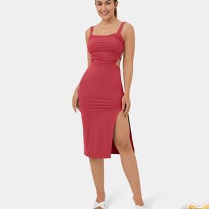 HALARA Ruched Backless Crisscross Lace Up Split Bodycon Midi Casual Dress